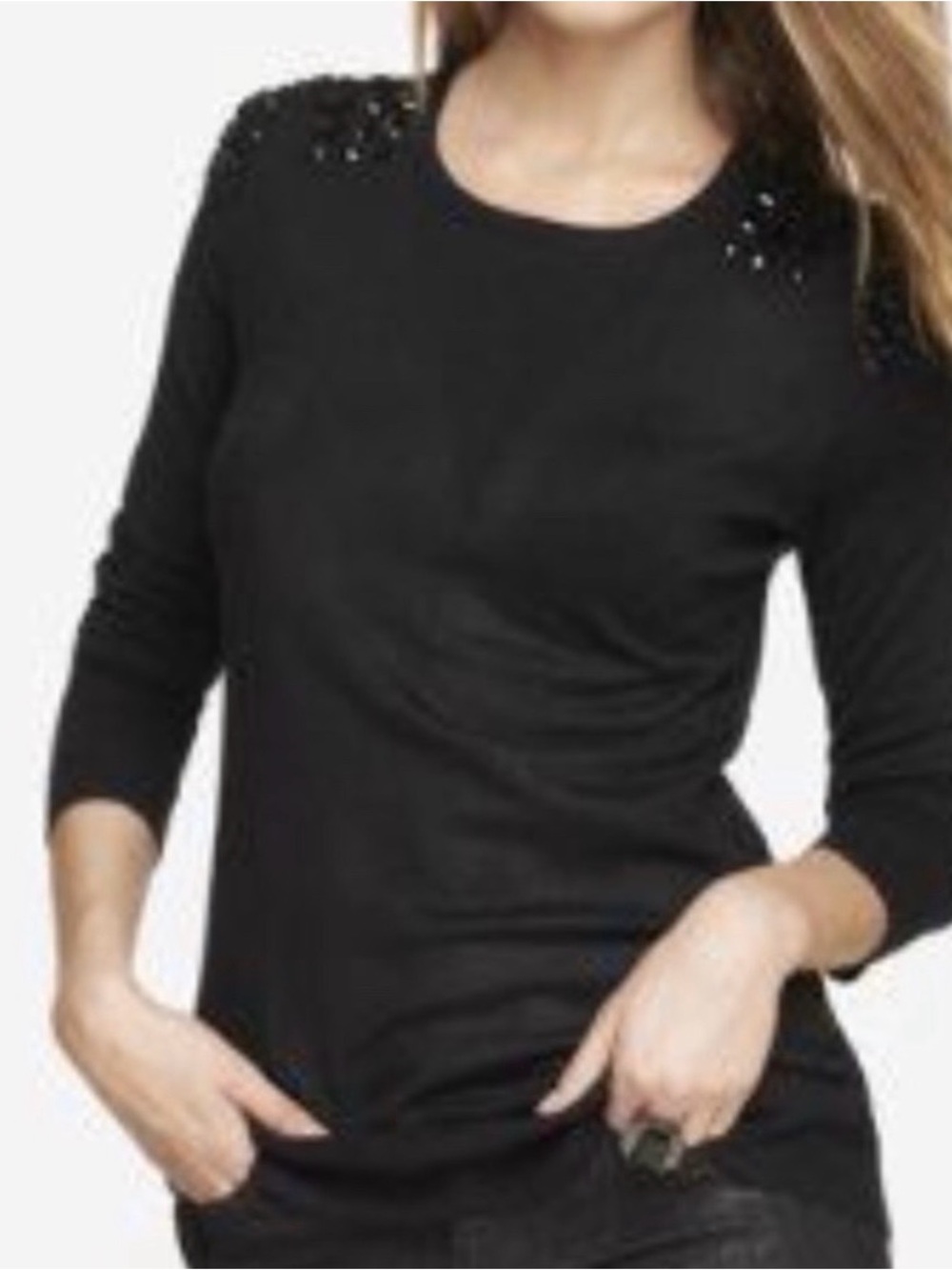 Express Black Crewneck Sweater with Shoulder Black Gem Accents